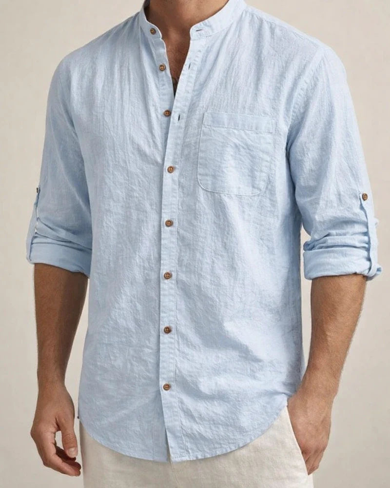 Men's Hawaiian-Style Stand-up Collar Linen Casual Long-Sleeve Solid-Color Shirt | JRSEE:9c65182d-c132-4516-8f48-7519dc598c1c