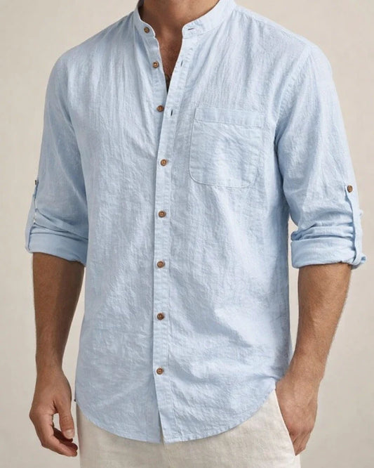 Men's Hawaiian-Style Stand-up Collar Linen Casual Long-Sleeve Solid-Color Shirt | JRSEE:9c65182d-c132-4516-8f48-7519dc598c1c