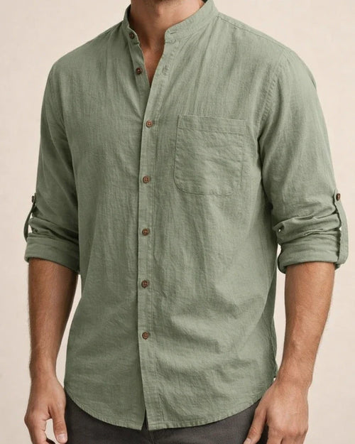Men's Hawaiian-Style Stand-up Collar Linen Casual Long-Sleeve Solid-Color Shirt | JRSEE:64c39d77-8939-4f43-b635-58be6ba7b403