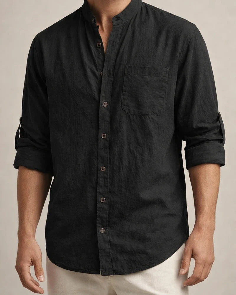 Men's Hawaiian-Style Stand-up Collar Linen Casual Long-Sleeve Solid-Color Shirt | JRSEE:add919cf-e841-4145-9e4c-046cc002f5fb
