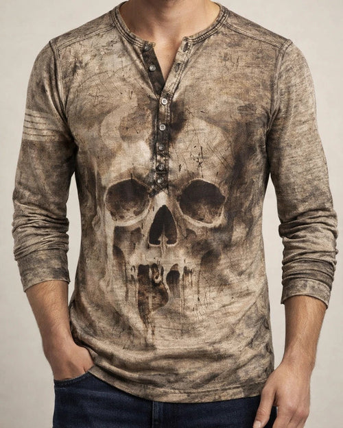Men's Henley Shirt T shirt Tee Graphic Skull Henley Army Green Khaki Brown Gray Plus Size Street Casual Long Sleeve Button-Down Print Clothing Apparel Basic Vintage Casual Classic | JRSEE:5fa15d96-9baf-4c25-9373-0faeac965120