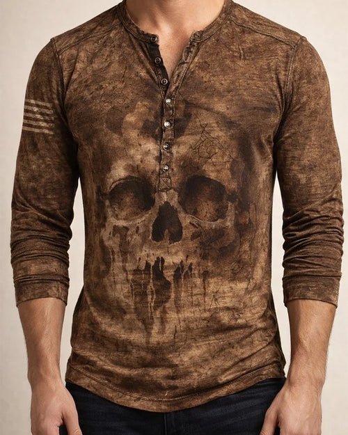 Men's Henley Shirt T shirt Tee Graphic Skull Henley Army Green Khaki Brown Gray Plus Size Street Casual Long Sleeve Button-Down Print Clothing Apparel Basic Vintage Casual Classic | JRSEE:1fdaecff-b13d-4d5b-8025-feff0af8627c