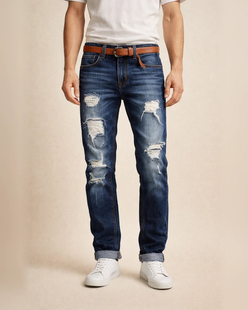 Men's Jeans Trousers Dark Wash Jeans Distressed Jeans Ripped Jeans Pocket Ripped Gradient Full Length Casual Daily Cotton Denim Vintage Streetwear Slim Deep Blue Micro-elastic | JRSEE:38b4b1f3-0997-40b2-a4d8-52f4159c0fa1