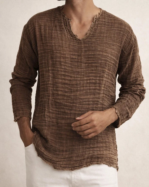 Men's Linen Shirt Casual Shirt Summer Shirt Beach Shirt White Blue Brown Long Sleeve Plain V Neck Spring & Summer Casual Daily Clothing Apparel | JRSEE:5afc3efe-c7a6-4501-8937-59f04c78d448