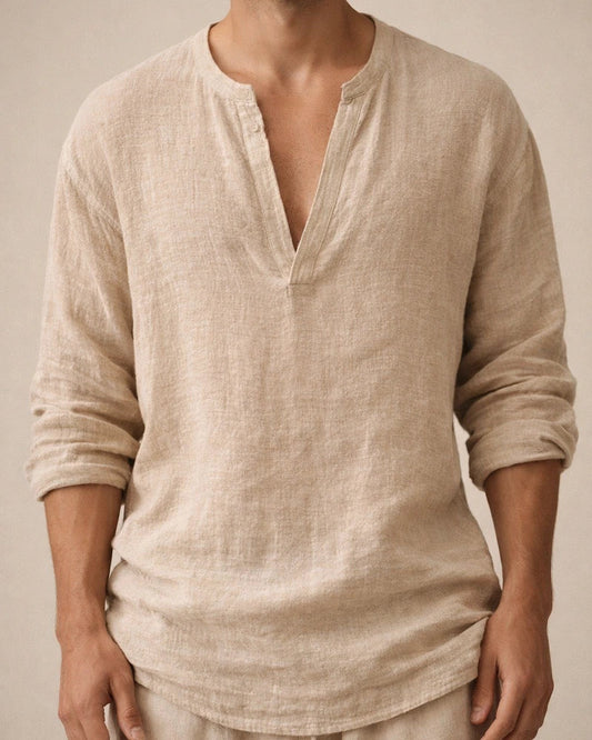 Men's Linen Shirt Shirt Summer Shirt Beach Shirt Green Beige Long Sleeve Solid Color V Neck Summer Spring Outdoor Street Clothing Apparel | JRSEE:4f3e5a95-c5d8-4875-a7b5-7231856b07ff