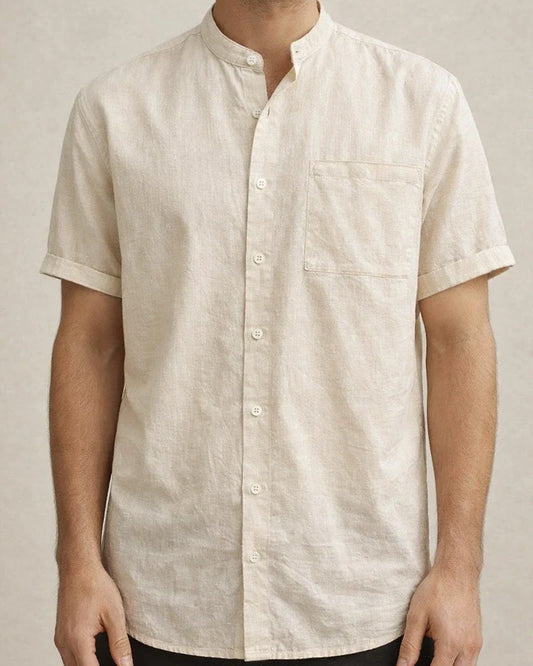 Men's Linen Shirt Summer Shirt Beach Shirt Apricot Black White Short Sleeve Plain Standing Collar Summer Spring Outdoor Daily Clothing Apparel Button-Down | JRSEE:1b149f41-6fb3-40c8-a7d1-dabbc115c927