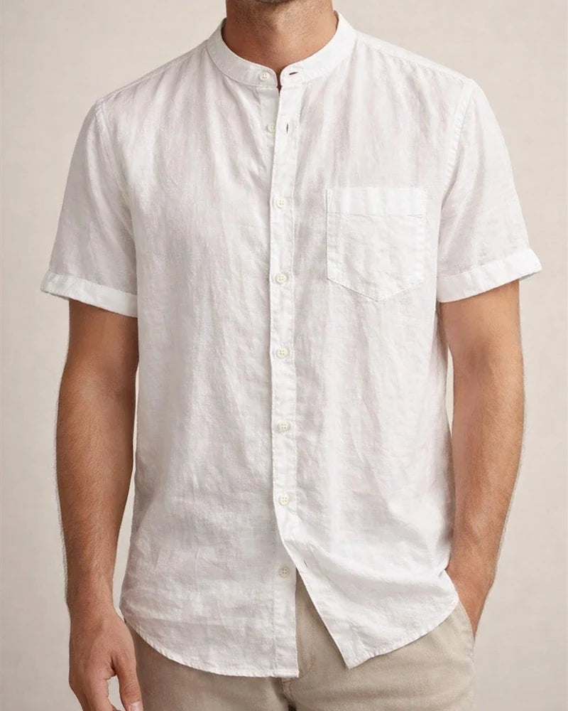 Men's Linen Shirt Summer Shirt Beach Shirt Apricot Black White Short Sleeve Plain Standing Collar Summer Spring Outdoor Daily Clothing Apparel Button-Down | JRSEE:db294f29-ef34-4d49-9518-007a1861ef73