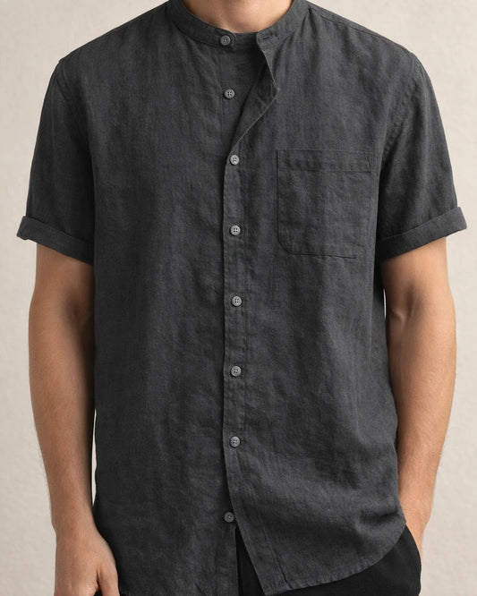 Men's Linen Shirt Summer Shirt Beach Shirt Apricot Black White Short Sleeve Plain Standing Collar Summer Spring Outdoor Daily Clothing Apparel Button-Down | JRSEE:d7930161-d15d-450d-8571-5c9db81a04eb