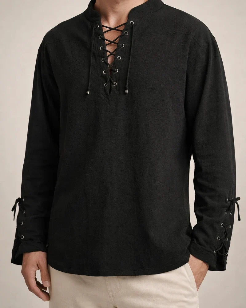 Men's New Cotton Hemp Henley Shirt Long-sleeved Casual Stand-up Collar Shirt | JRSEE:893be020-6fa2-426b-97bf-829f18c0c69c