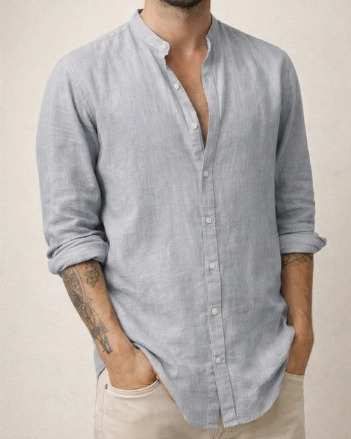Men's New Linen Cardigan Solid Colour Casual Stand-up Collar Long-sleeved Shirt Plus Size Shirt | JRSEE:a96d9154-46bf-49d5-a24c-4383073a2202