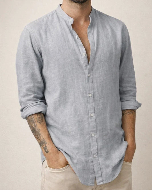 Men's New Linen Cardigan Solid Colour Casual Stand-up Collar Long-sleeved Shirt Plus Size Shirt | JRSEE:a96d9154-46bf-49d5-a24c-4383073a2202