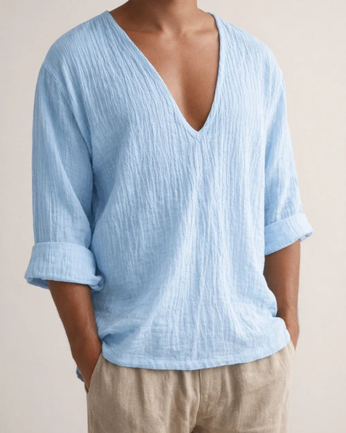 Men's New Long-sleeved Solid Color V-neck Washed Cotton T-shirt Tops Loose Casual Blue Black White M L XL 2XL 3XL | JRSEE:81692ab1-0b83-4b10-b6f9-6a576cc24f53