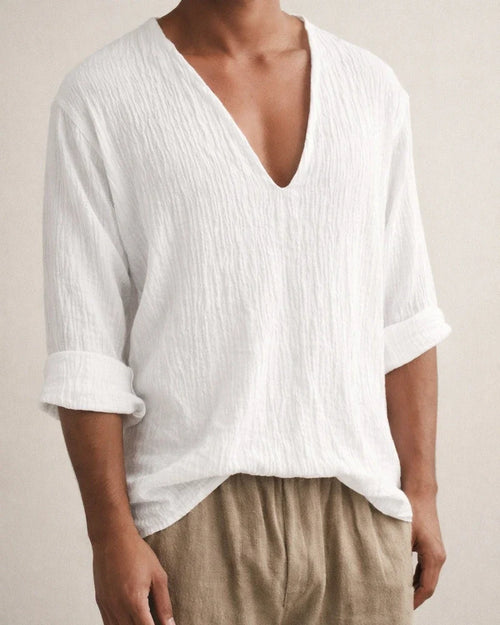 Men's New Long-sleeved Solid Color V-neck Washed Cotton T-shirt Tops Loose Casual Blue Black White M L XL 2XL 3XL | JRSEE:2e5036bc-2291-458a-8194-7a67809bec24