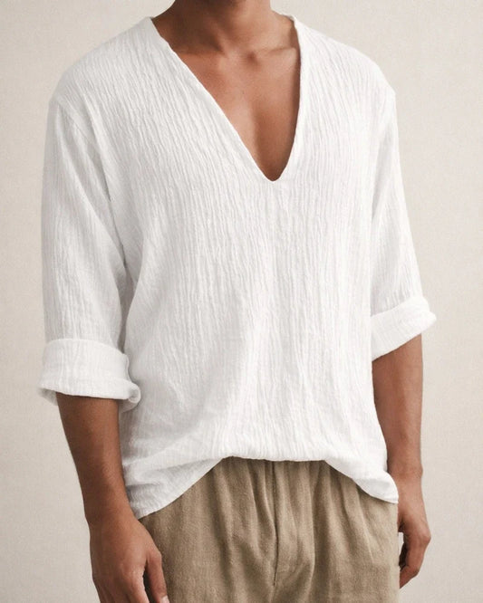 Men's New Long-sleeved Solid Color V-neck Washed Cotton T-shirt Tops Loose Casual Blue Black White M L XL 2XL 3XL | JRSEE:2e5036bc-2291-458a-8194-7a67809bec24