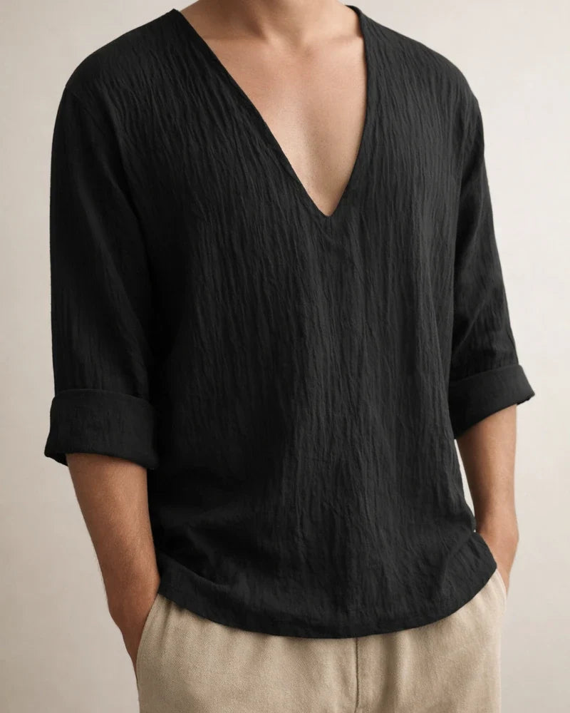 Men's New Long-sleeved Solid Color V-neck Washed Cotton T-shirt Tops Loose Casual Blue Black White M L XL 2XL 3XL | JRSEE:ff359f3f-9286-4309-a522-1e8e8e0548d3