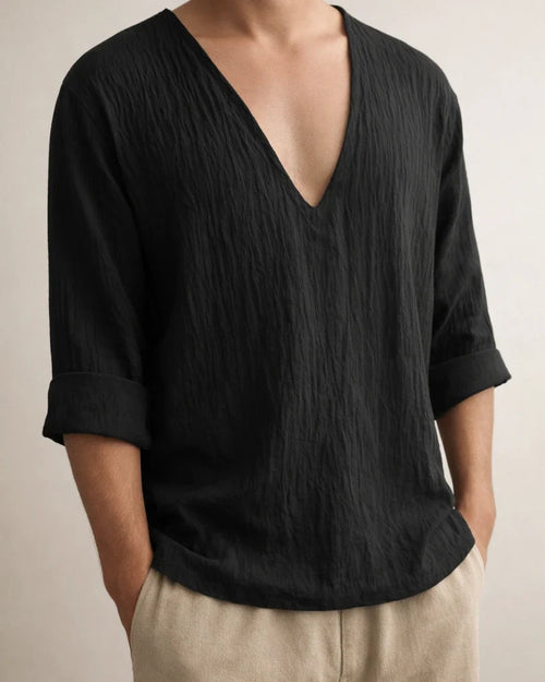 Men's New Long-sleeved Solid Color V-neck Washed Cotton T-shirt Tops Loose Casual Blue Black White M L XL 2XL 3XL | JRSEE:ff359f3f-9286-4309-a522-1e8e8e0548d3