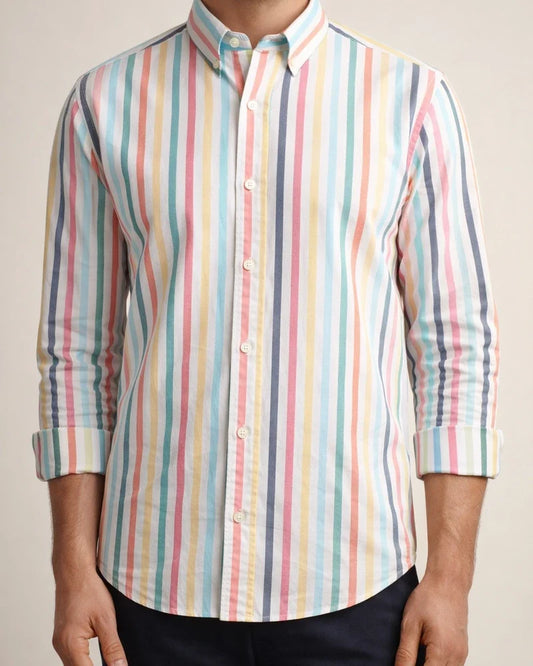 Men's New Striped Shirt Cotton Oxford Spinning Wrinkle Casual Color Striped Cardigan Shirt | JRSEE:2d312327-38ec-4145-9da3-9b85032db79a