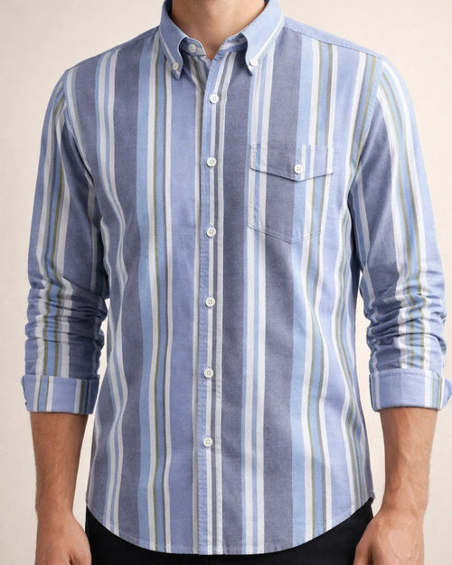 Men's New Striped Shirt Cotton Oxford Spinning Wrinkle Casual Color Striped Cardigan Shirt | JRSEE:f91192b1-5b74-437c-9fe5-0f0646b55279