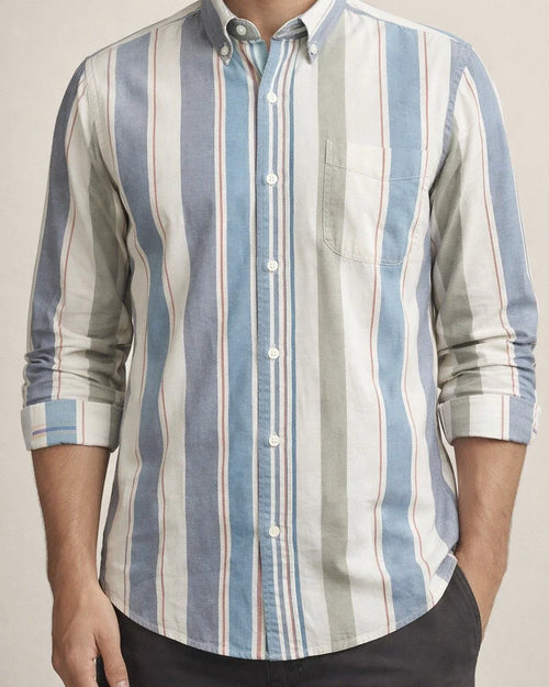 Men's New Striped Shirt Cotton Oxford Spinning Wrinkle Casual Color Striped Cardigan Shirt | JRSEE:5062c2a1-3266-415c-aec3-ba3542882aee