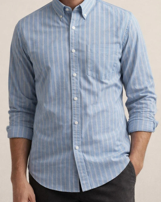 Men's New Striped Shirt Cotton Oxford Textile Wrinkle Casual Striped Long-sleeved Shirt | JRSEE:a6b1755d-5210-4e86-abdb-514d622e4c51