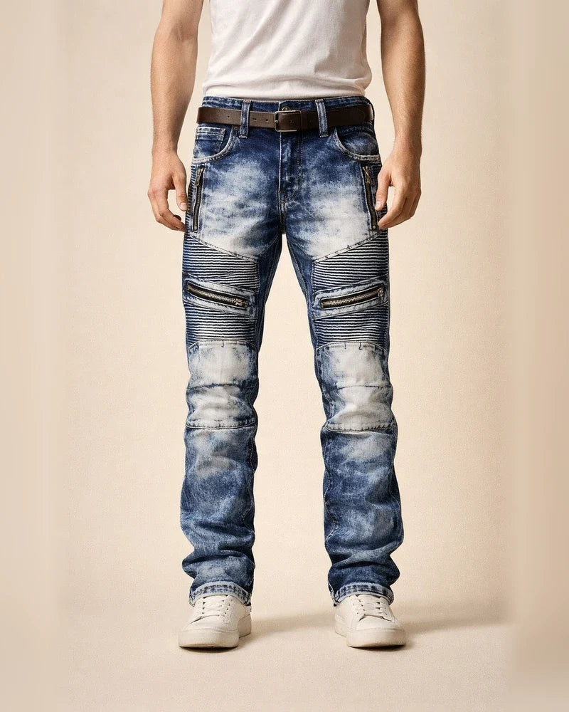 men's retro distressed zipper pleated wear-resistant jeans trousers straight pants slim fit retro style biker jeans pants | JRSEE:5dc72525-a64e-436f-86e4-2ff420a61dde