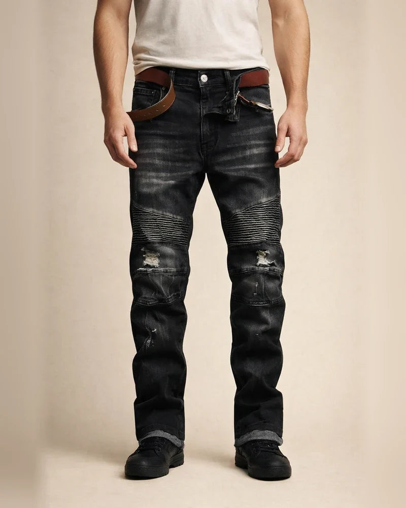 men's retro distressed zipper pleated wear-resistant jeans trousers straight pants slim fit retro style biker jeans pants | JRSEE:fda3ec14-5fc0-4bda-9ae7-7a178d943a3e