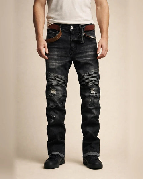 men's retro distressed zipper pleated wear-resistant jeans trousers straight pants slim fit retro style biker jeans pants | JRSEE:fda3ec14-5fc0-4bda-9ae7-7a178d943a3e
