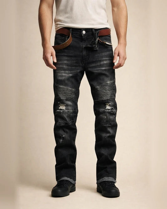 men's retro distressed zipper pleated wear-resistant jeans trousers straight pants slim fit retro style biker jeans pants | JRSEE:fda3ec14-5fc0-4bda-9ae7-7a178d943a3e