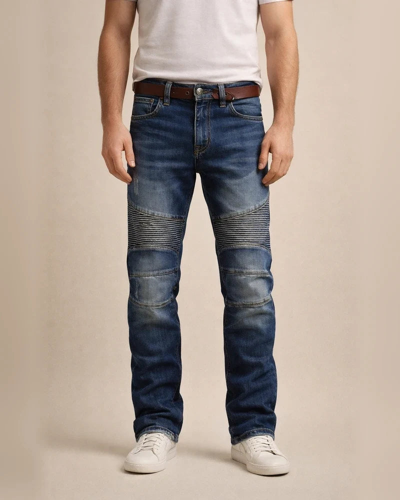 men's retro distressed zipper pleated wear-resistant jeans trousers straight pants slim fit retro style biker jeans pants | JRSEE:664abba6-3bc4-450f-b480-e2e721a6ccd3