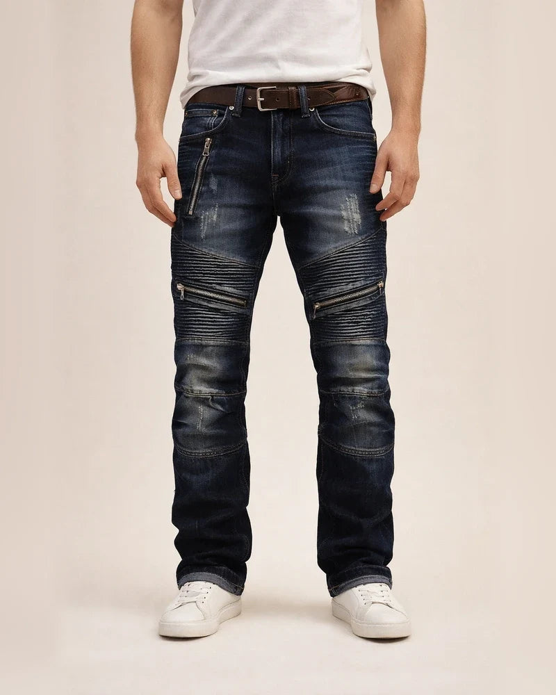 men's retro distressed zipper pleated wear-resistant jeans trousers straight pants slim fit retro style biker jeans pants | JRSEE:b3f76fe7-aa8d-4c86-b90d-f2fc65df0f3f