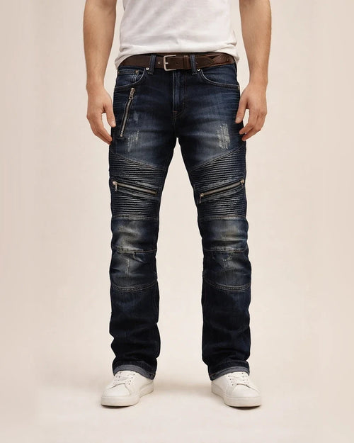 men's retro distressed zipper pleated wear-resistant jeans trousers straight pants slim fit retro style biker jeans pants | JRSEE:b3f76fe7-aa8d-4c86-b90d-f2fc65df0f3f