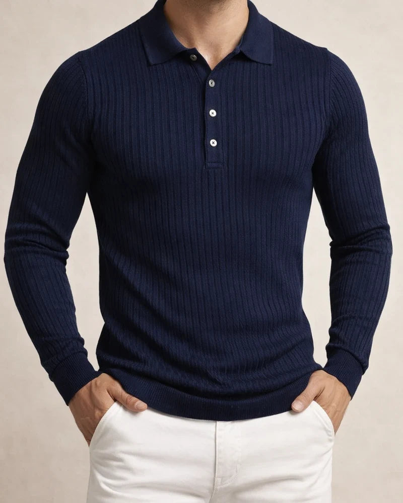 Men's Running Fitness Autumn High Stretch Vertical Stripe Solid Color Long Sleeve Polo Shirt Slim Knit Polo Shirt | JRSEE:74f86c57-8357-4708-bc8f-20fb68d2733a