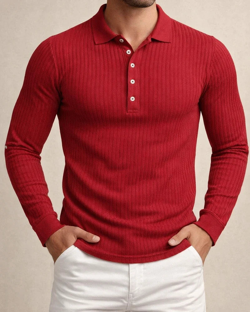 Men's Running Fitness Autumn High Stretch Vertical Stripe Solid Color Long Sleeve Polo Shirt Slim Knit Polo Shirt | JRSEE:054780ef-e4b1-4418-a8b3-52301fed1b4e