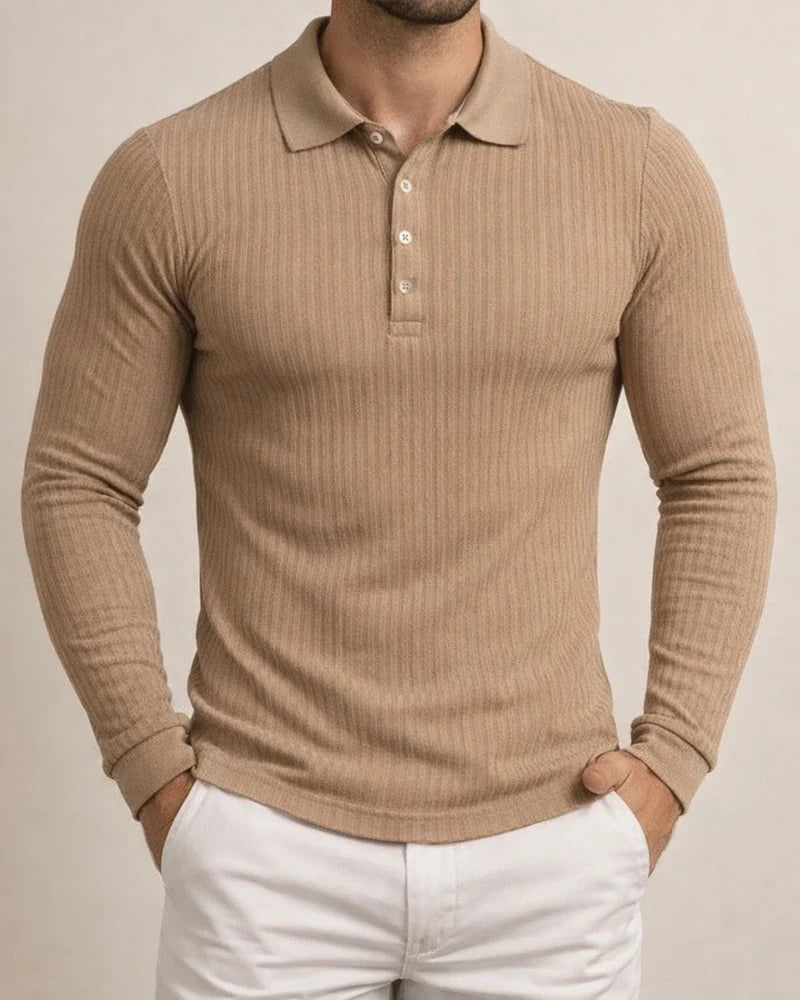 Men's Running Fitness Autumn High Stretch Vertical Stripe Solid Color Long Sleeve Polo Shirt Slim Knit Polo Shirt | JRSEE:53d1068f-8fdf-47b7-a81b-53b76ad62614
