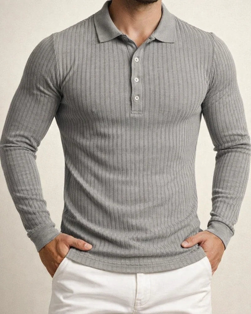 Men's Running Fitness Autumn High Stretch Vertical Stripe Solid Color Long Sleeve Polo Shirt Slim Knit Polo Shirt | JRSEE:21217c84-21a8-4a1d-9c78-19491f9d924d