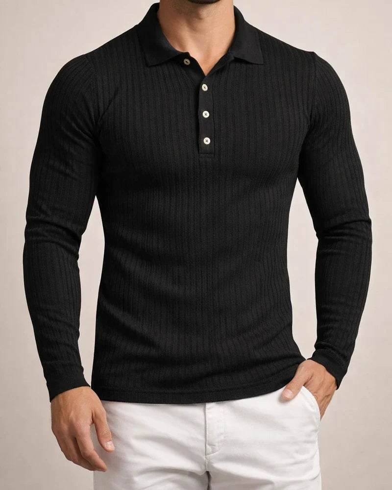 Men's Running Fitness Autumn High Stretch Vertical Stripe Solid Color Long Sleeve Polo Shirt Slim Knit Polo Shirt | JRSEE:b022d271-6092-448f-9dd9-da585d52de95