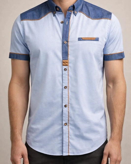 Men's Shirt Button Up Shirt Summer Shirt Black White Light Blue Short Sleeve Color Block Turndown Outdoor Street Patchwork Clothing Apparel Cotton Fashion Casual Breathable Comfortable | JRSEE:a7db9b7c-e65e-49a3-8453-e32d01f149dc