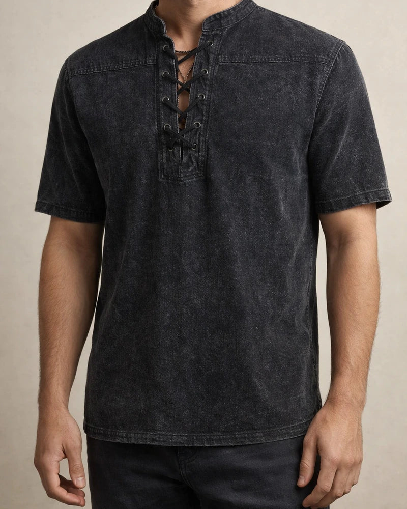 Men's Shirt Casual Shirt Summer Shirt Beach Shirt Black Wine Army Green Short Sleeve Plain Stand Collar Summer Spring Outdoor Street Clothing Apparel Lace up | JRSEE:c18a98db-7fe5-48fa-92cb-94e99858ee18