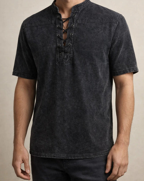 Men's Shirt Casual Shirt Summer Shirt Beach Shirt Black Wine Army Green Short Sleeve Plain Stand Collar Summer Spring Outdoor Street Clothing Apparel Lace up | JRSEE:c18a98db-7fe5-48fa-92cb-94e99858ee18