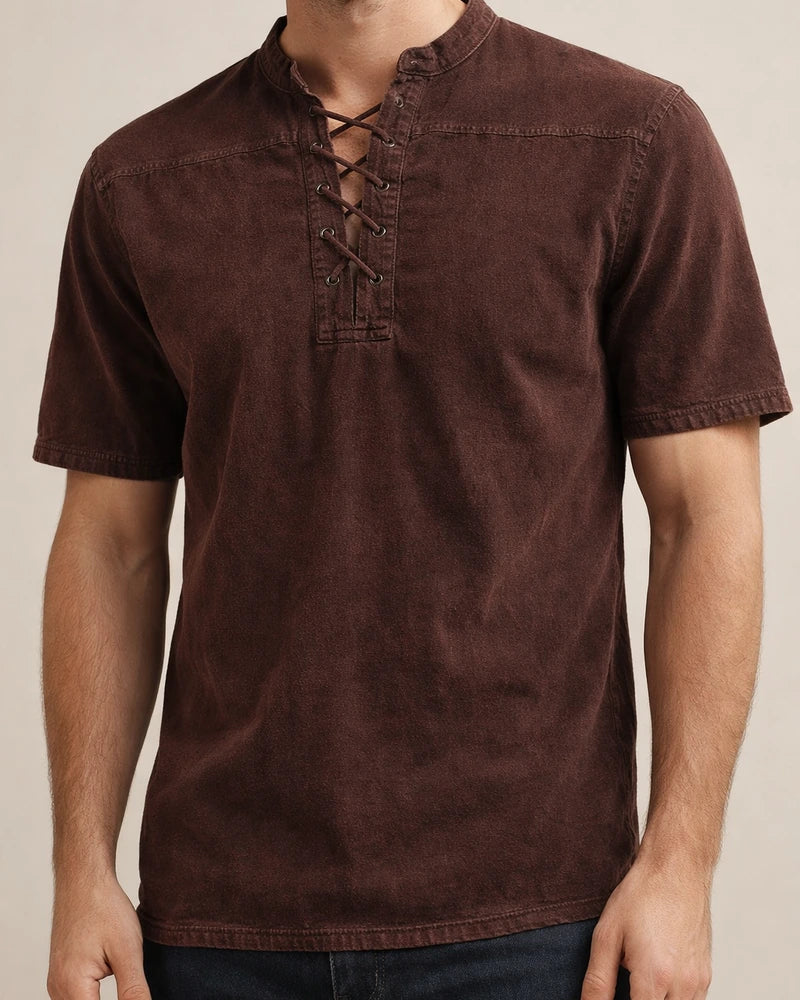 Men's Shirt Casual Shirt Summer Shirt Beach Shirt Black Wine Army Green Short Sleeve Plain Stand Collar Summer Spring Outdoor Street Clothing Apparel Lace up | JRSEE:58725dbc-23f5-4dd7-8b59-60b854243bd3
