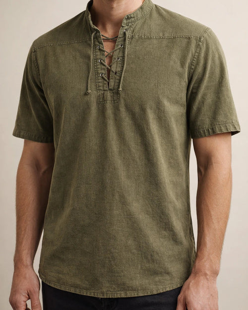 Men's Shirt Casual Shirt Summer Shirt Beach Shirt Black Wine Army Green Short Sleeve Plain Stand Collar Summer Spring Outdoor Street Clothing Apparel Lace up | JRSEE:43e5b17b-4e17-43a8-af81-dc59581aeb48