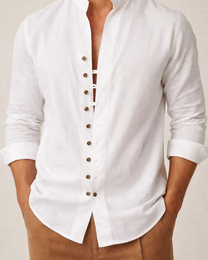 Men's Shirt Linen Shirt Button Up Shirt Casual Shirt Summer Shirt Black White Pink Long Sleeve Plain Band Collar Summer Spring & Fall Daily Vacation Clothing Apparel | JRSEE:df30817e-4de4-43e9-a686-ba7ebcdbd1dd