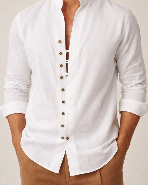 Men's Shirt Linen Shirt Button Up Shirt Casual Shirt Summer Shirt Black White Pink Long Sleeve Plain Band Collar Summer Spring & Fall Daily Vacation Clothing Apparel | JRSEE:df30817e-4de4-43e9-a686-ba7ebcdbd1dd