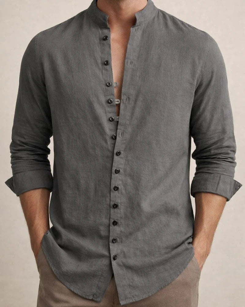 Men's Shirt Linen Shirt Button Up Shirt Casual Shirt Summer Shirt Black White Pink Long Sleeve Plain Band Collar Summer Spring & Fall Daily Vacation Clothing Apparel | JRSEE:5205cf93-fcc6-44f9-92da-1b6b93c9ef92