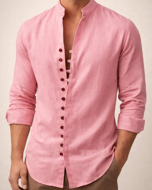 Men's Shirt Linen Shirt Button Up Shirt Casual Shirt Summer Shirt Black White Pink Long Sleeve Plain Band Collar Summer Spring & Fall Daily Vacation Clothing Apparel | JRSEE:d7d1817d-bef6-46b9-9e97-f3c317b87554
