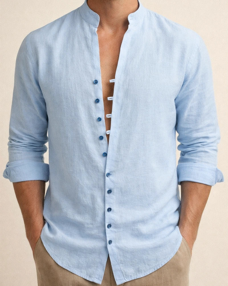 Men's Shirt Linen Shirt Button Up Shirt Casual Shirt Summer Shirt Black White Pink Long Sleeve Plain Band Collar Summer Spring & Fall Daily Vacation Clothing Apparel | JRSEE:c7026e6f-0f99-492d-818d-4f806152e681