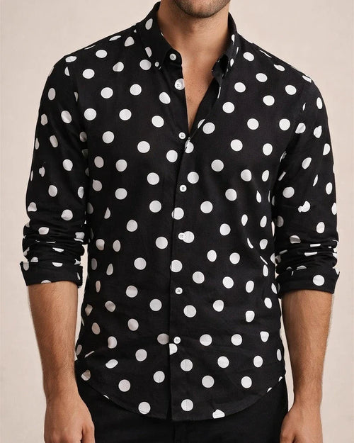 Men's Shirt Polka Dot Printed Casual Peplum Long Sleeve Shirt White Black | JRSEE:af3de1cf-c362-4fe6-b0aa-9a02c37b7721