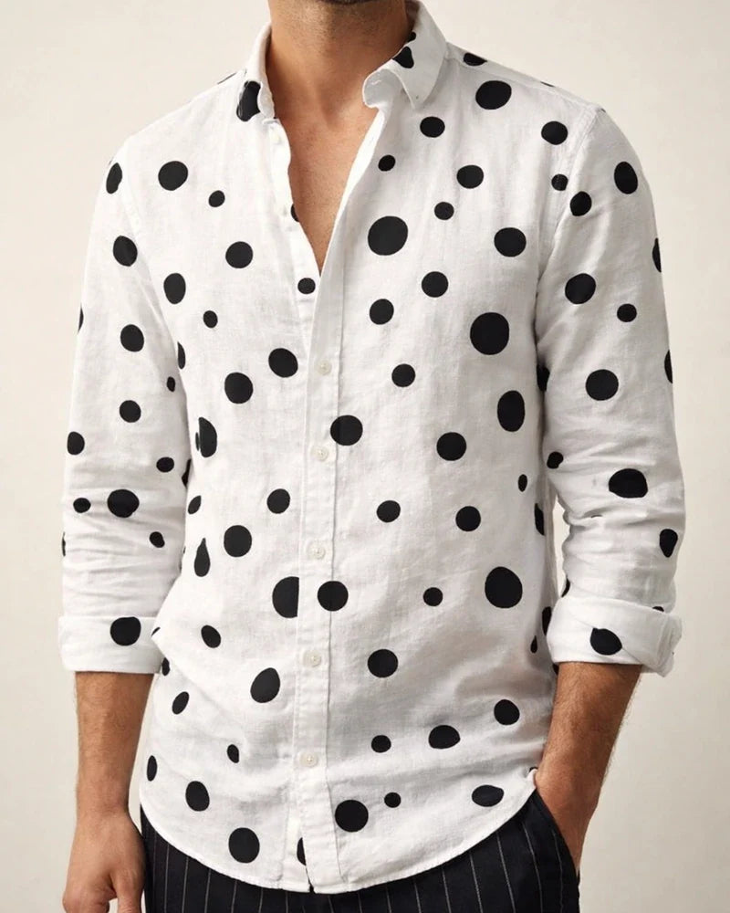 Men's Shirt Polka Dot Printed Casual Peplum Long Sleeve Shirt White Black | JRSEE:3b56b4c8-8fc1-41bc-9224-bdfada5480e7