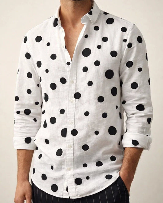 Men's Shirt Polka Dot Printed Casual Peplum Long Sleeve Shirt White Black | JRSEE:3b56b4c8-8fc1-41bc-9224-bdfada5480e7