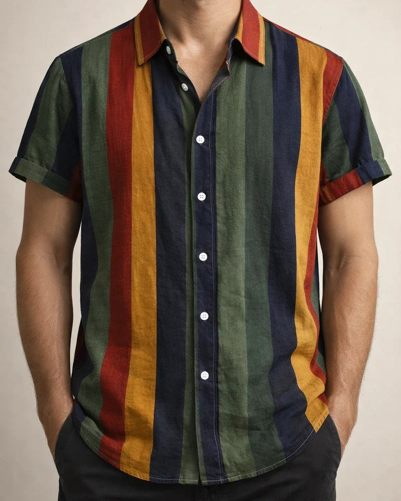Men's Shirt Striped Collar Street Daily Button-Down Short Sleeve Tops Cotton Casual Hawaiian Comfortable Green | JRSEE:012abbf0-61dd-4892-b151-69fd70b369a7